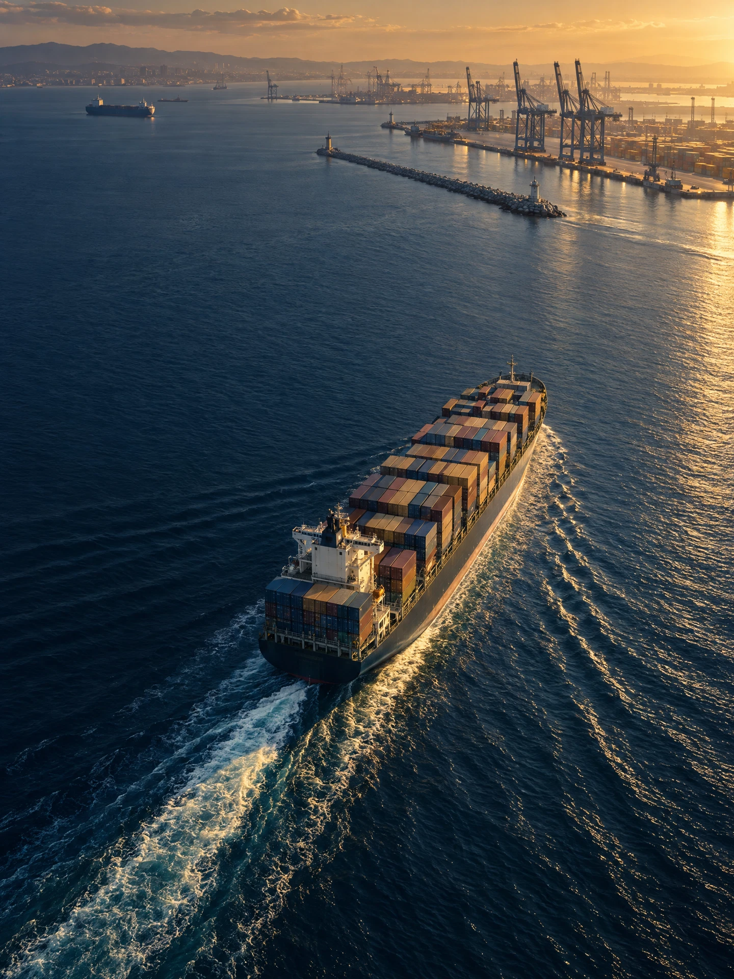 Conceptual maritime trade illustration showing a cargo ship approaching a commercial port