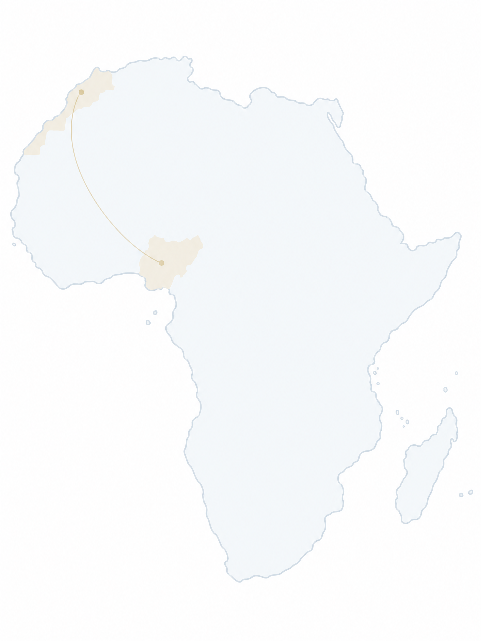 Africa motif highlighting Nigeria and Morocco, connected by a curved trade route